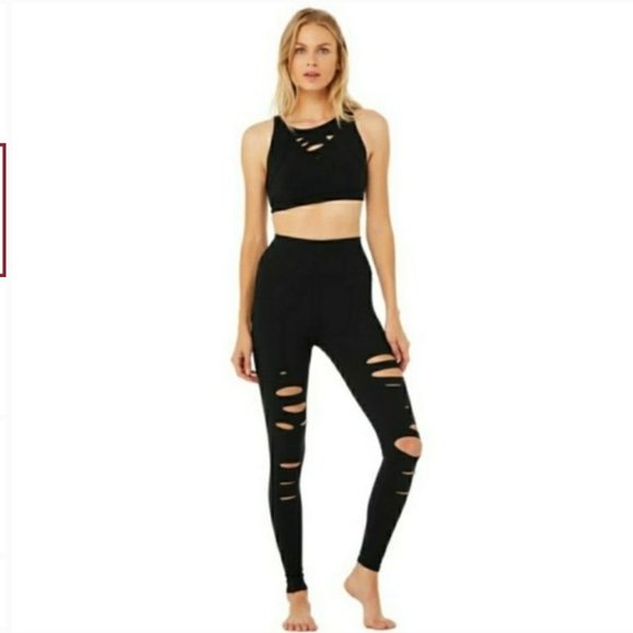 Alo Yoga High Waist Ripped Warrior Leggings Black S - Picture 4 of 16